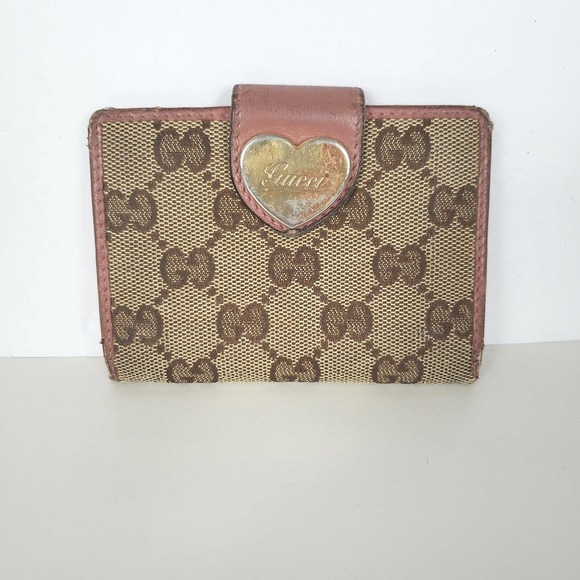GUCCI Heart Canvas Leather Wallet Mini Small Monogram Bifold Pink Tan Card ID